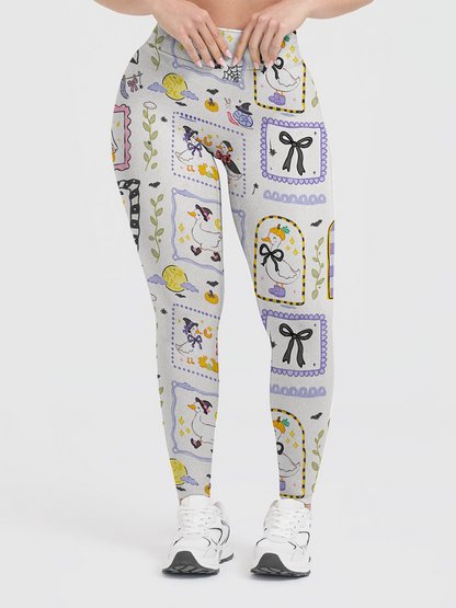 Vintage Sticker Frame Duck Halloween Patchwork Leggings