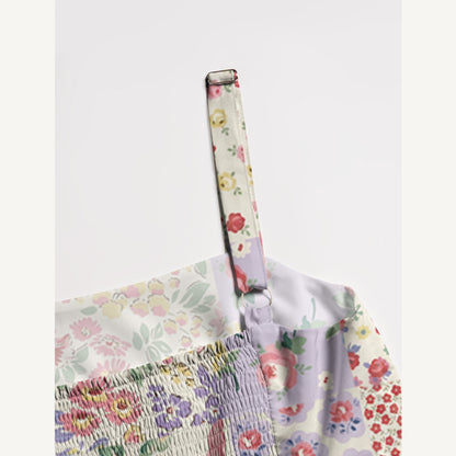 Country Patchwork Floral Printed Wide Straps Maxi Dress With Pockets