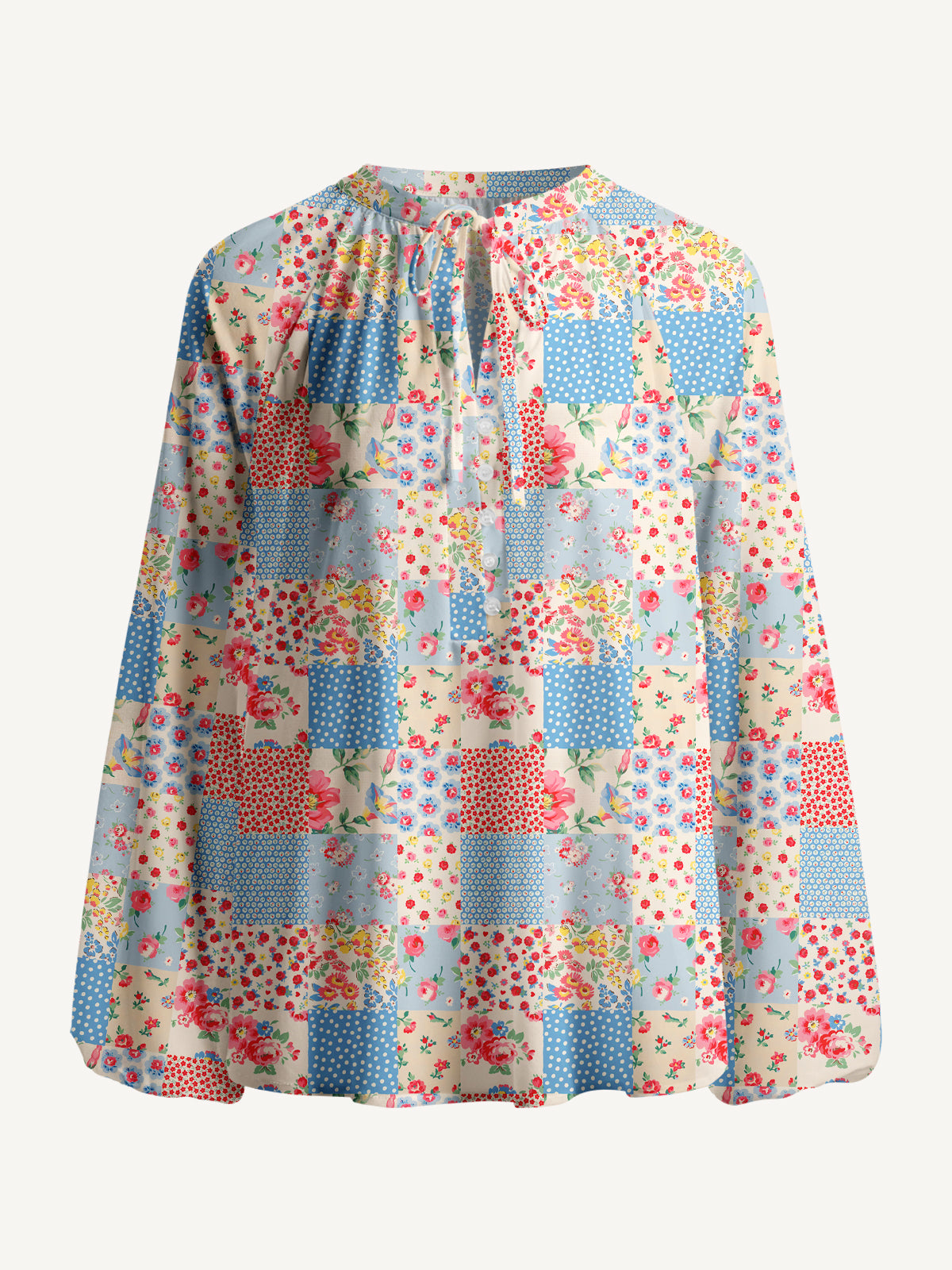 Square Neck Pastel Patc Print Boho Long Sleeve Tie‑Neck Blouse