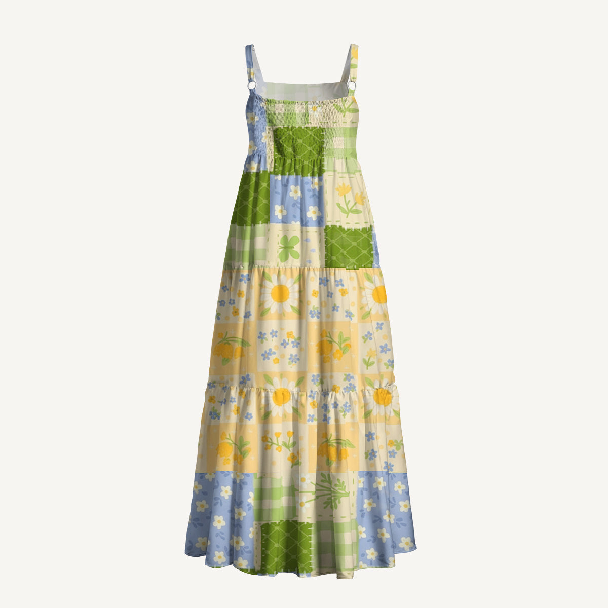 Pastoral Gingham Patchwork Printed Wide Straps Maxi Dress With Pockets