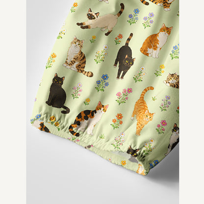 Spring Meadow Garden Kitty Print Boho Long Sleeve Tie‑Neck Smock Mini Dress