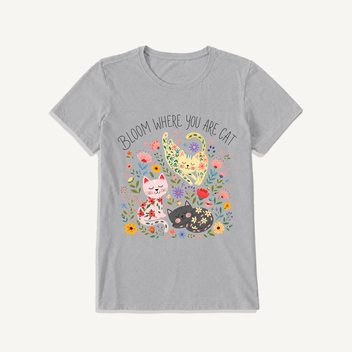 Floral Feline Bloom Print Crew Neck Cotton Tee