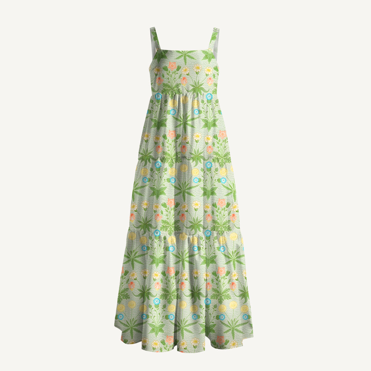 Retro Green Floral Meadow Print Wide Straps Maxi Dress With Pockets