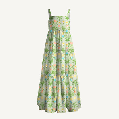 Retro Green Floral Meadow Print Wide Straps Maxi Dress With Pockets