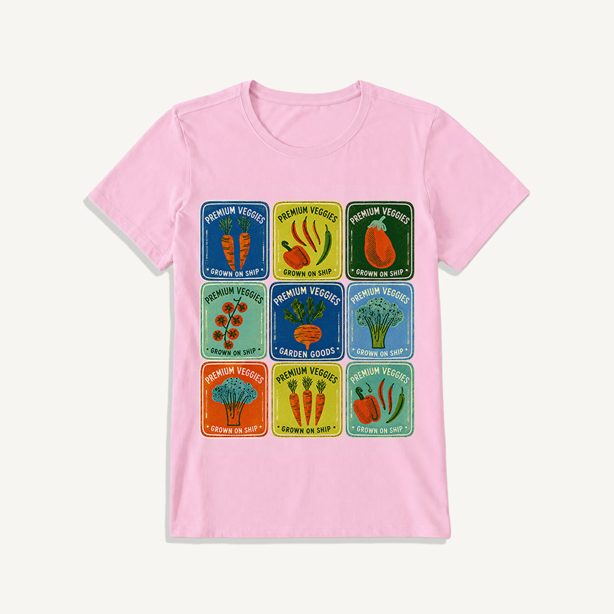 Vintage Veggie Market Print Crew Neck Cotton Tee