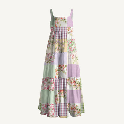 Creamy Garden Patchwork Printed Wide Straps Maxi Dress With Pockets