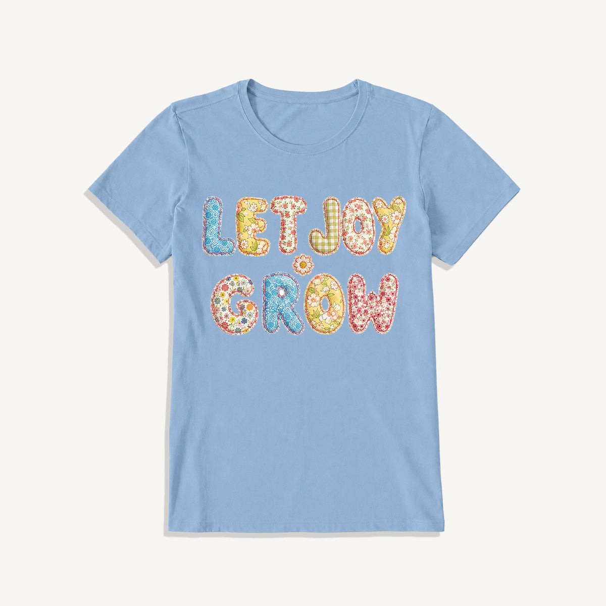 Let Joy Grow Patchwork Print Crew Neck Cotton Tee