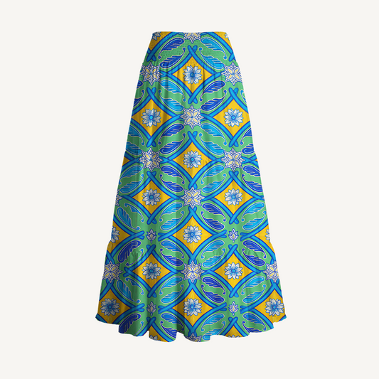 Azure Tile Print Convertible Maxi Skirt & Strapless Dress