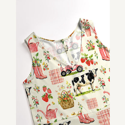 Watercolor Pink Farm Cow Chicken Print Jumpsuit with Pockets for Women