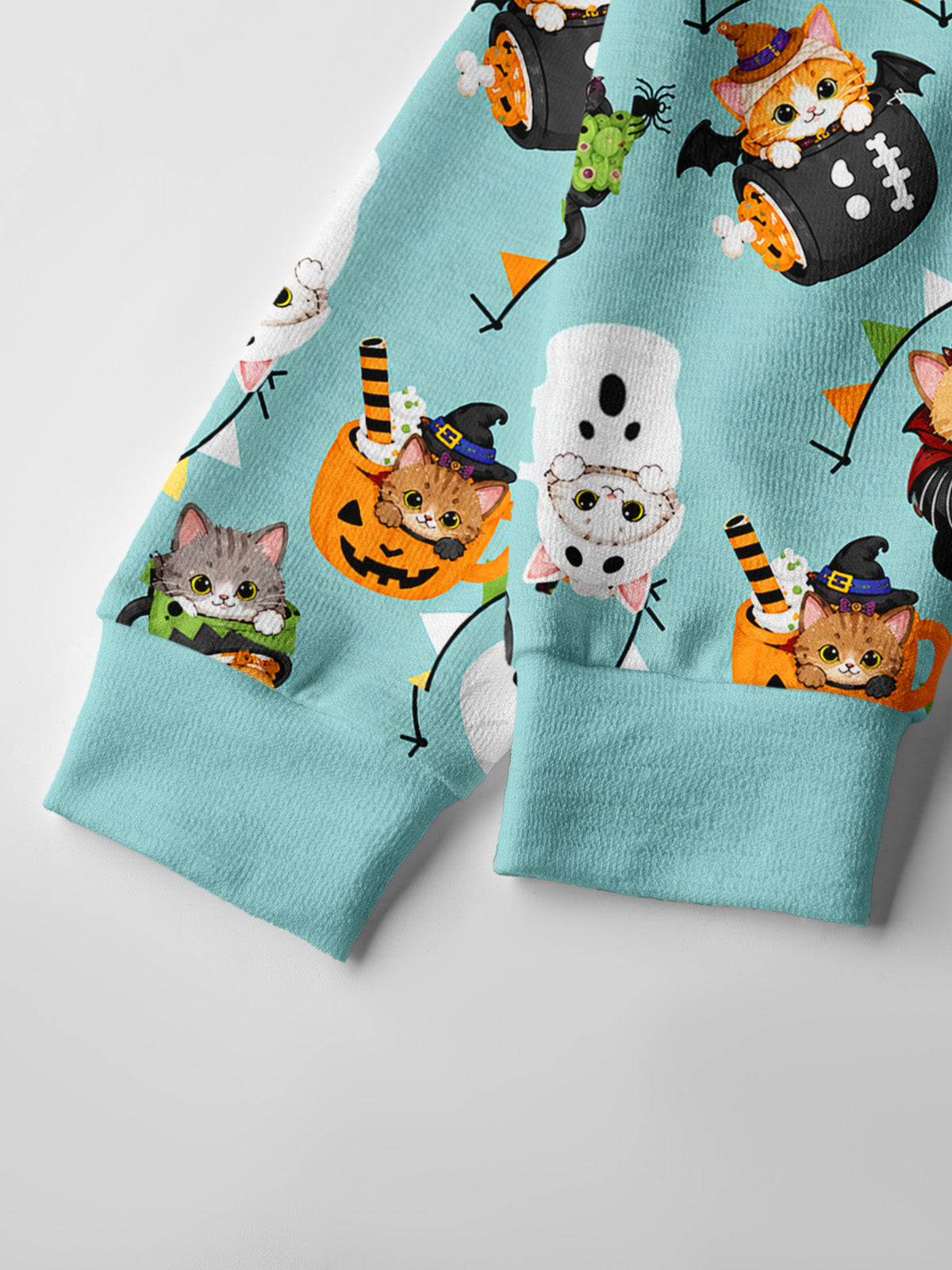 Lightweight Crew Neck Long‑Sleeve Cropped Mint Pumpkin Kitty Halloween Fun Print Fine‑Knit Cardigan