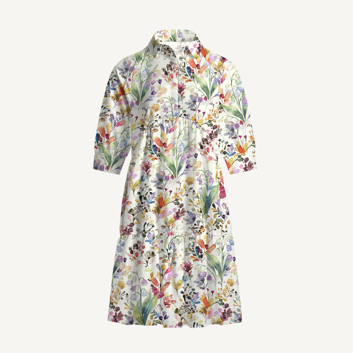 V Neck Collared Watercolor Wildflower Garden Print Mini Dress For Women With Pockets
