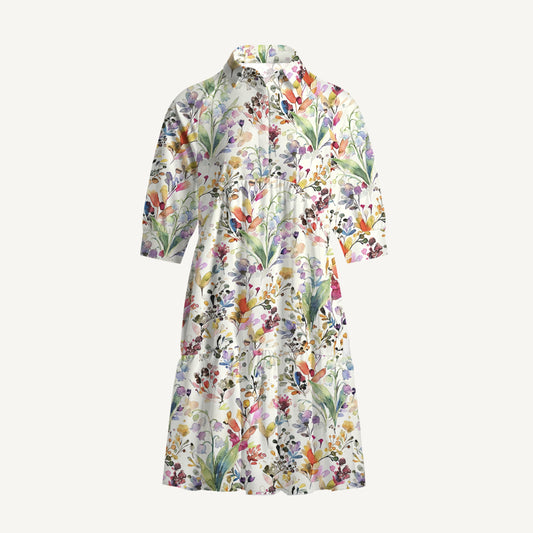 V Neck Collared Watercolor Wildflower Garden Print Mini Dress For Women With Pockets