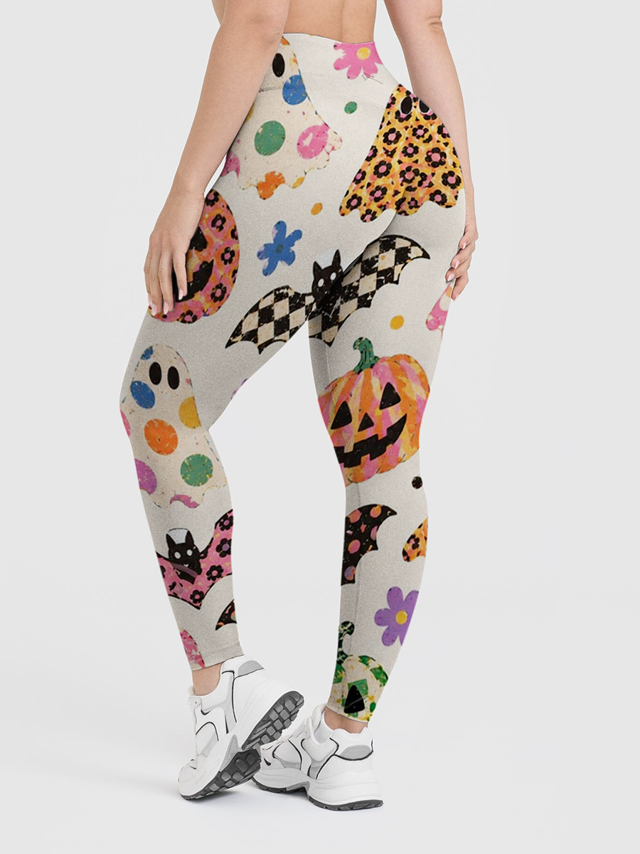 Vintage Retro Boho Doodle Ghost Pumpkin Bat Halloween Leggings