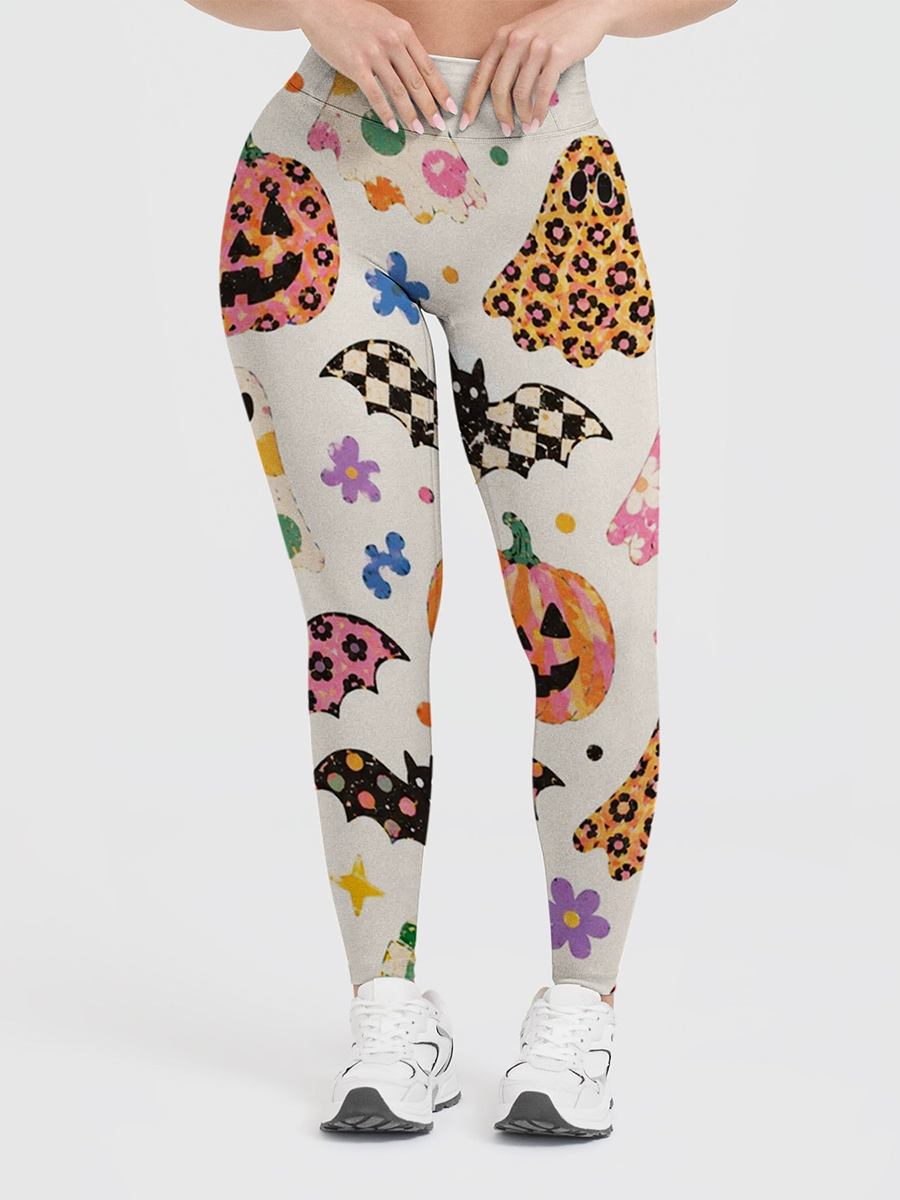 Vintage Retro Boho Doodle Ghost Pumpkin Bat Halloween Leggings