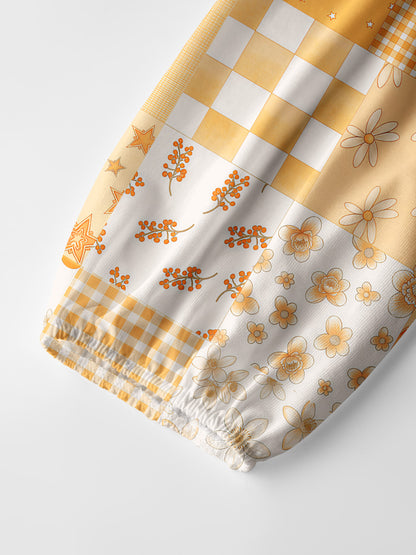 Lemon Sunshine Patchwork Print Boho Long Sleeve Tie‑Neck Blouse