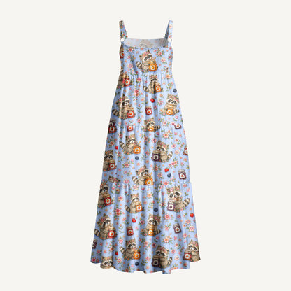Raccoons Raspberry Jam Print Wide Straps Maxi Dress With Pockets