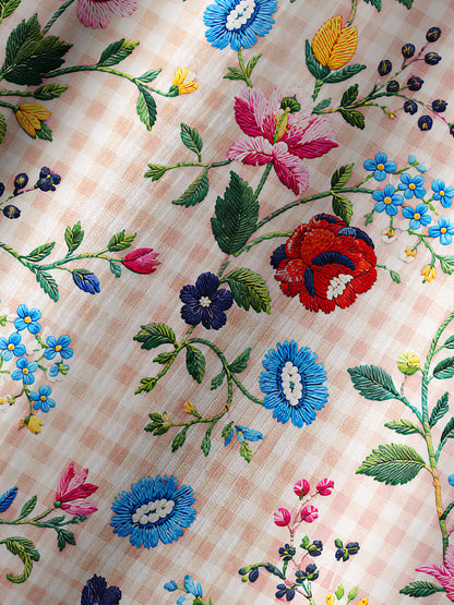 Embroidered Meadow Gingham Print Boho Long Sleeve Tie‑Neck Blouse