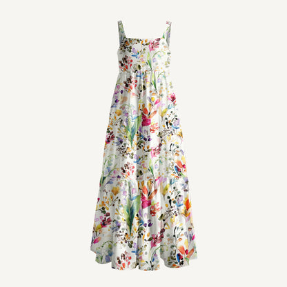 Watercolor Wildflower Garden Print Wide Straps Maxi Dress With Pockets