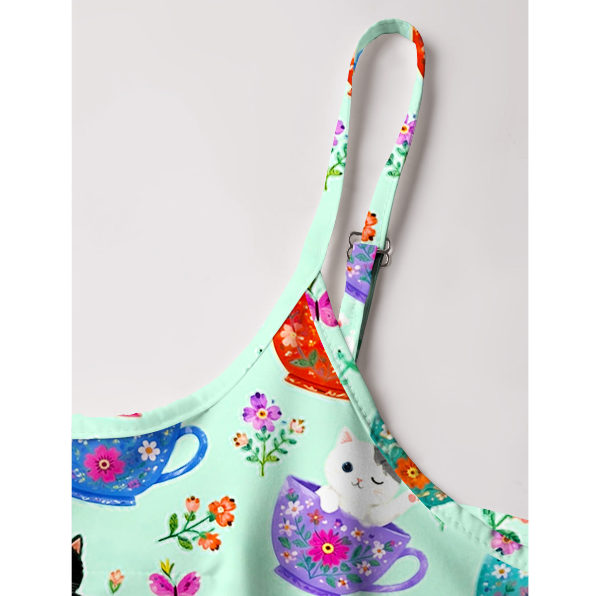 Cute Teacup Kitten Print Spaghetti Strap Mini Dress