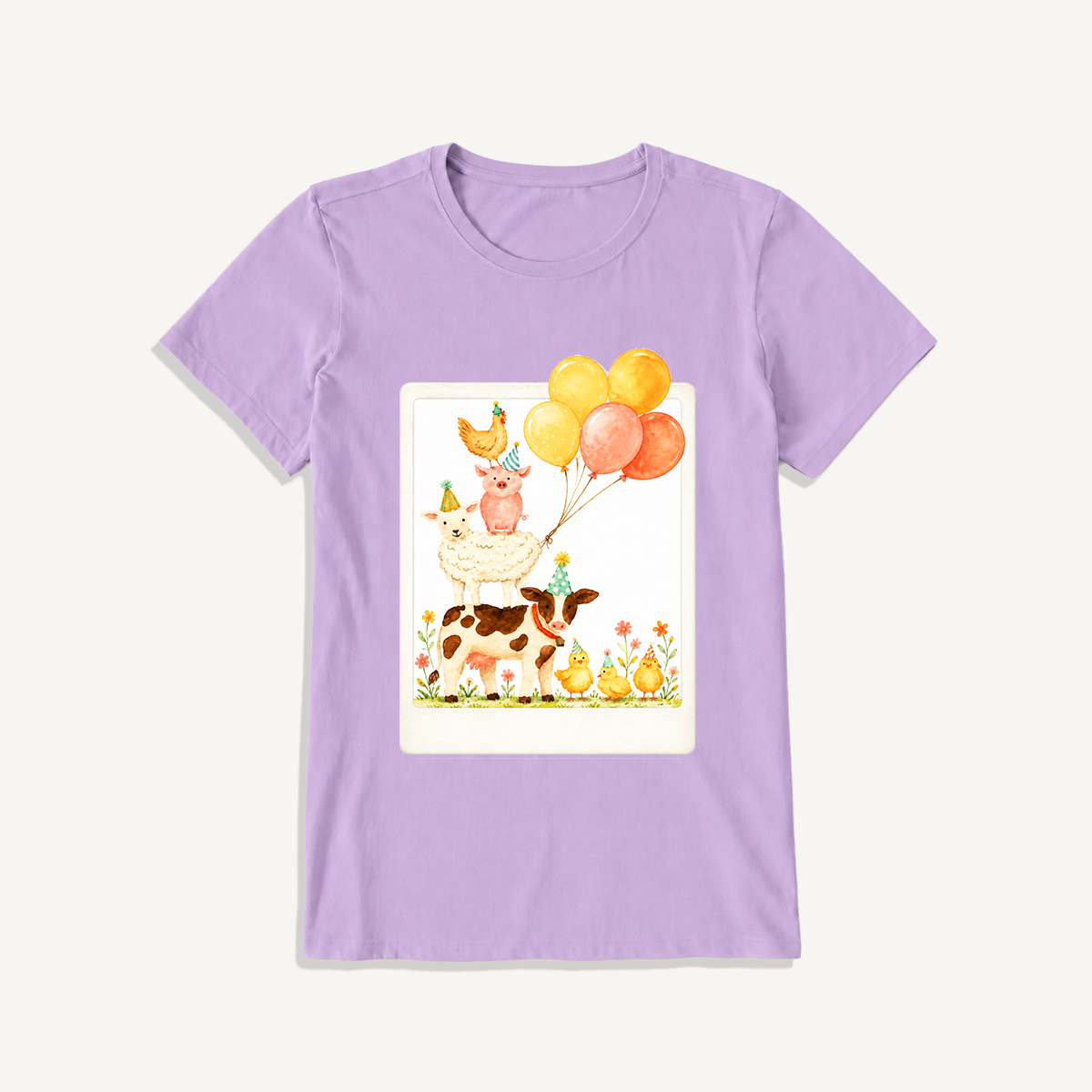 Farm Party Portrait Print Crew Neck Cotton Tee