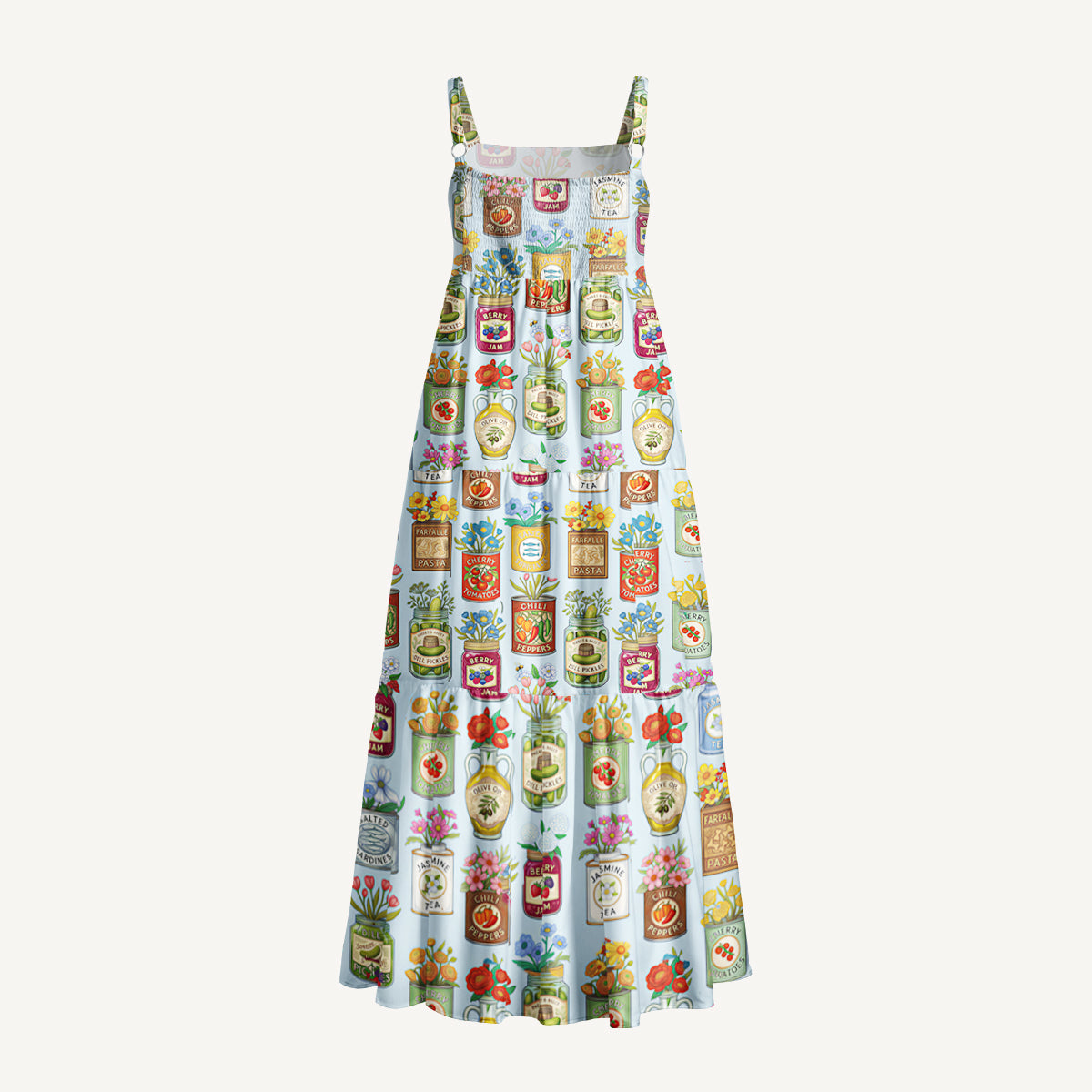 Vintage Pantry Label Print Wide Straps Maxi Dress With Pockets