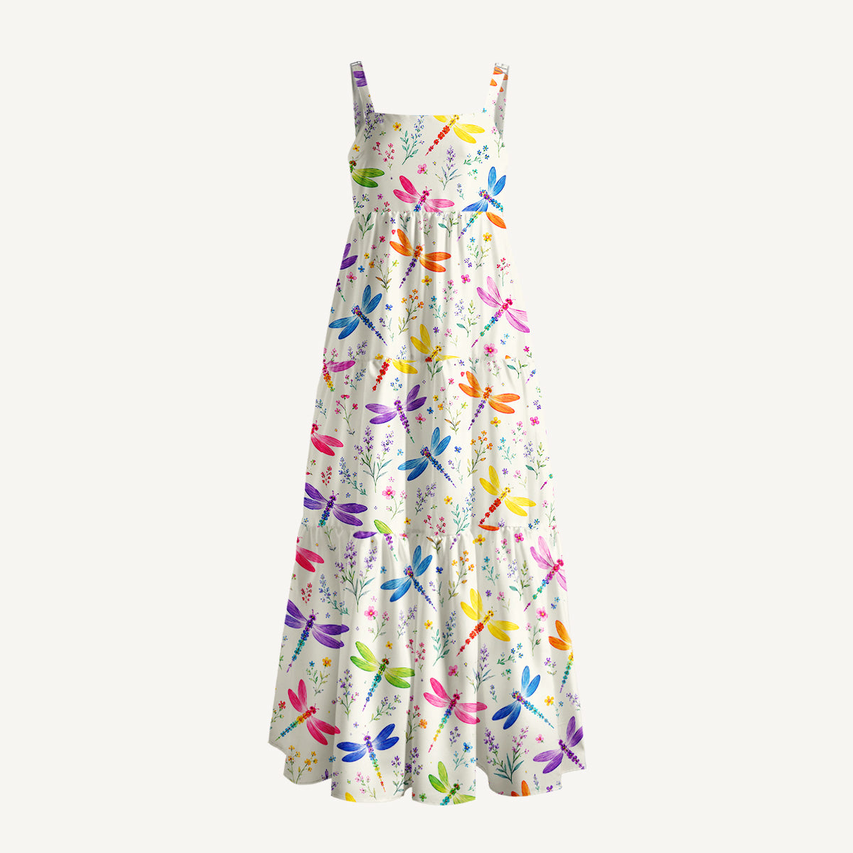 Colorful Dragonflies Print Wide Straps Maxi Dress With Pockets