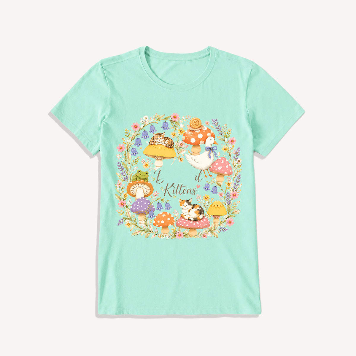 Botanical Kittens Mushroom Wreath Print Crew Neck Cotton Tee