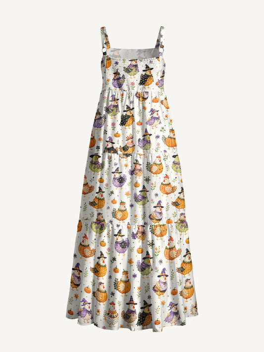 Cute Whimsical Chicken Colorful Print Wide Straps Maxi Dress With Pockets