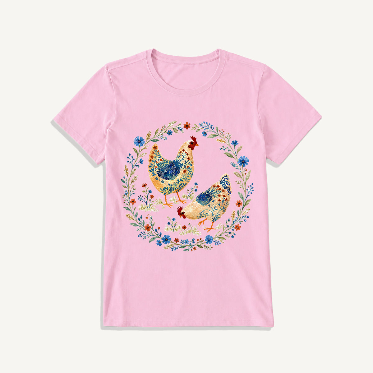 Blue Floral Hens Garden Print Crew Neck Cotton Tee