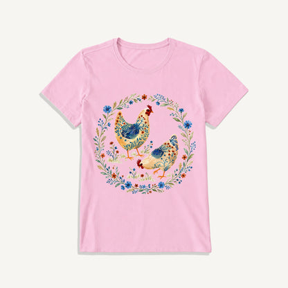 Blue Floral Hens Garden Print Crew Neck Cotton Tee