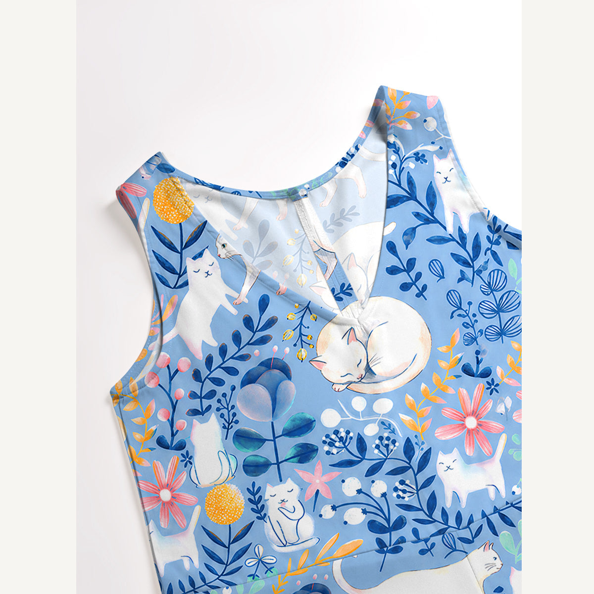 Blue Leaf Cat Print Boho Jumpsuit with Pockets for Women