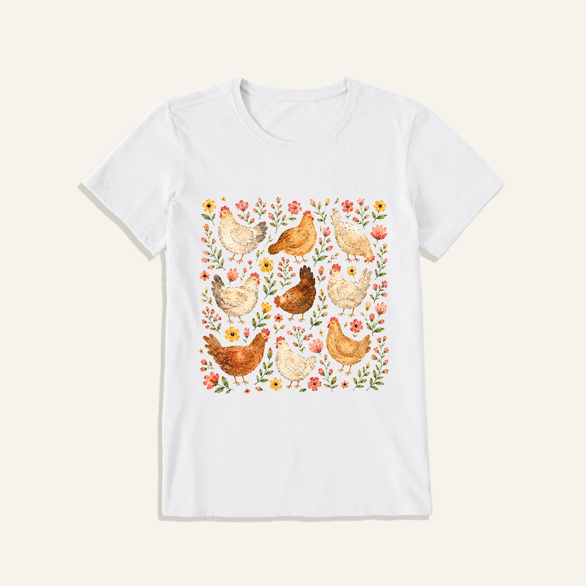 Country Chicken Wildflower Garden Print Crew Neck Cotton Tee