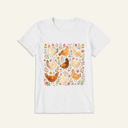 Country Chicken Wildflower Garden Print Crew Neck Cotton Tee