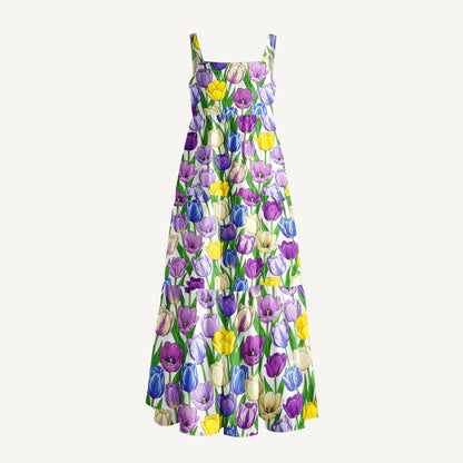 Tulip Meadow Print Wide Straps Maxi Dress With Pockets