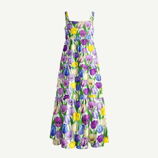 Tulip Meadow Print Wide Straps Maxi Dress With Pockets