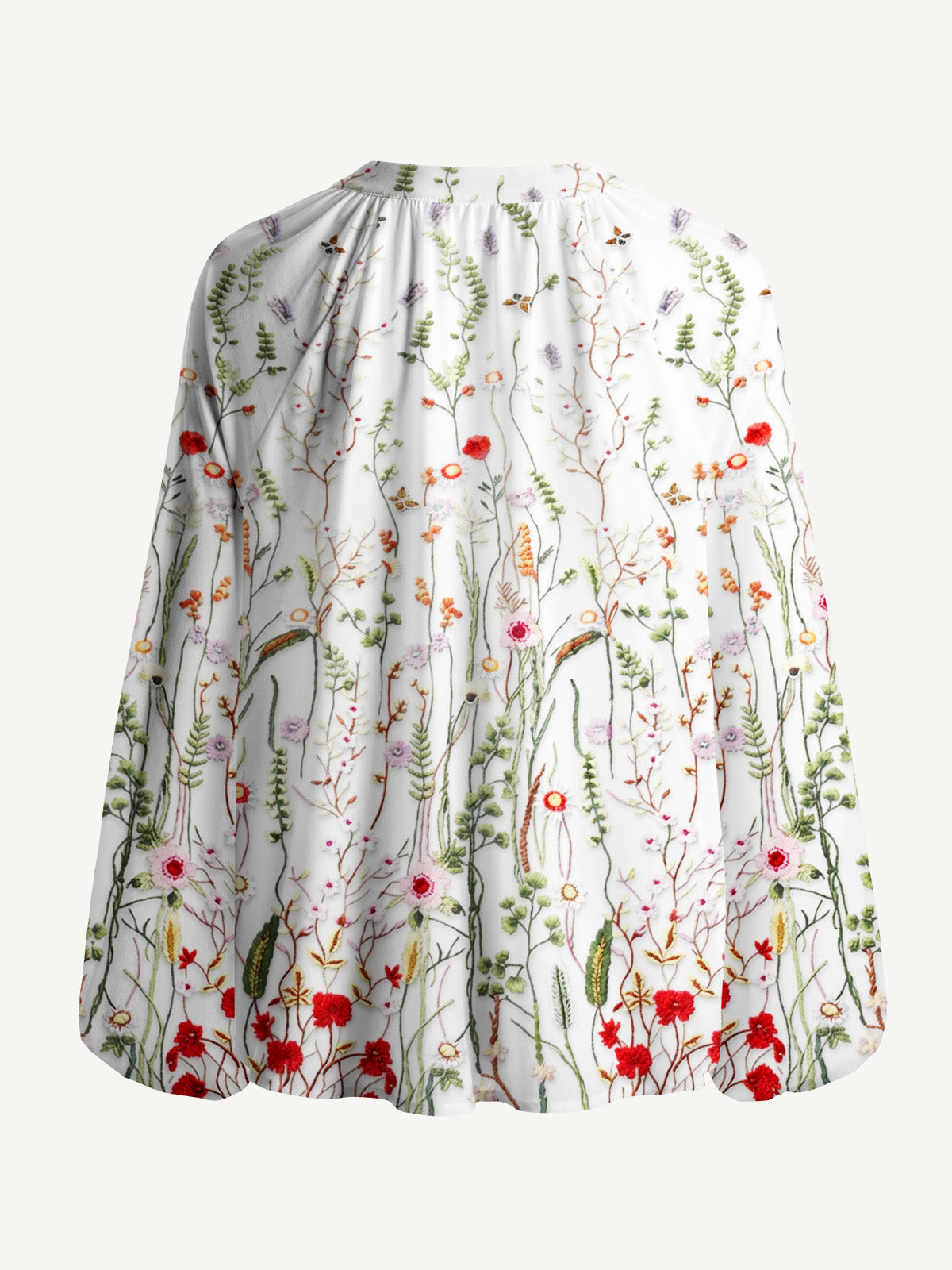Misty Forest Wildflower Print Boho Long Sleeve Tie‑Neck Blouse