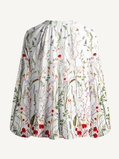 Misty Forest Wildflower Print Boho Long Sleeve Tie‑Neck Blouse