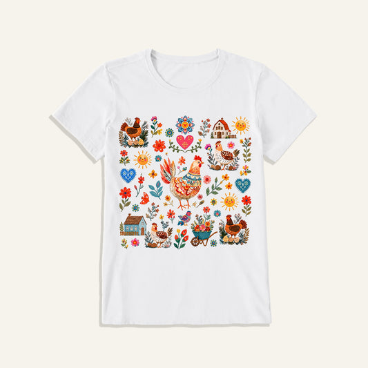Vintage Farmhouse Chicken Floral Print Crew Neck Cotton Tee
