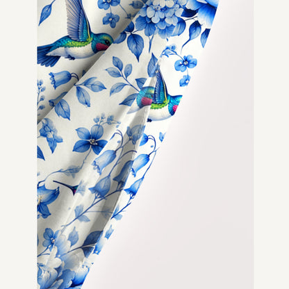 Delft Blue Hummingbird and Floral Pattern Print Wide Straps Maxi Dress With Pockets