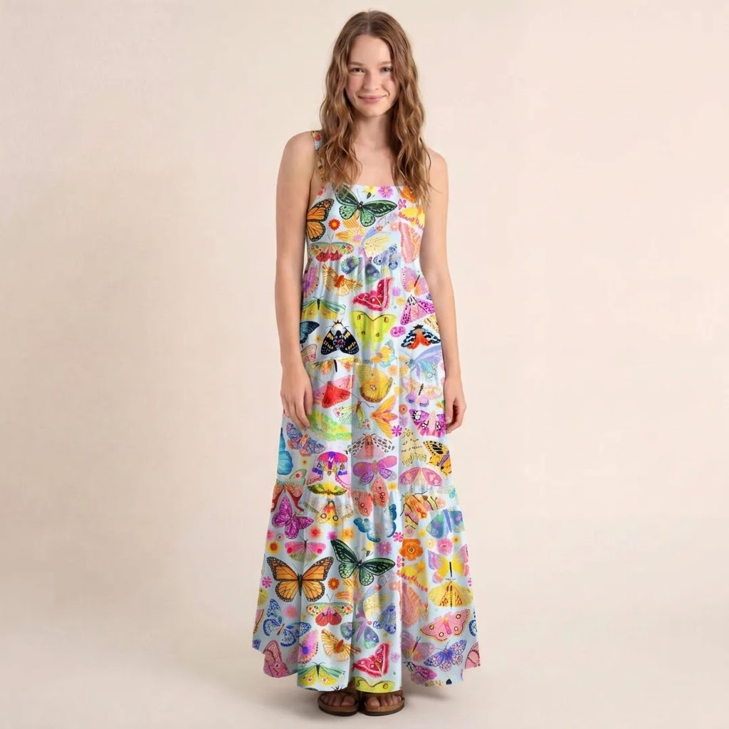 Colorful Butterfly Garden Print Wide Straps Maxi Dress With Pockets
