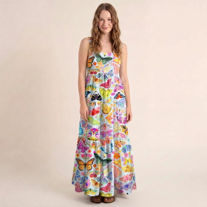 Colorful Butterfly Garden Print Wide Straps Maxi Dress With Pockets