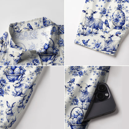 V Neck Collared  Delft Farm Print Mini Dress For Women With Pockets