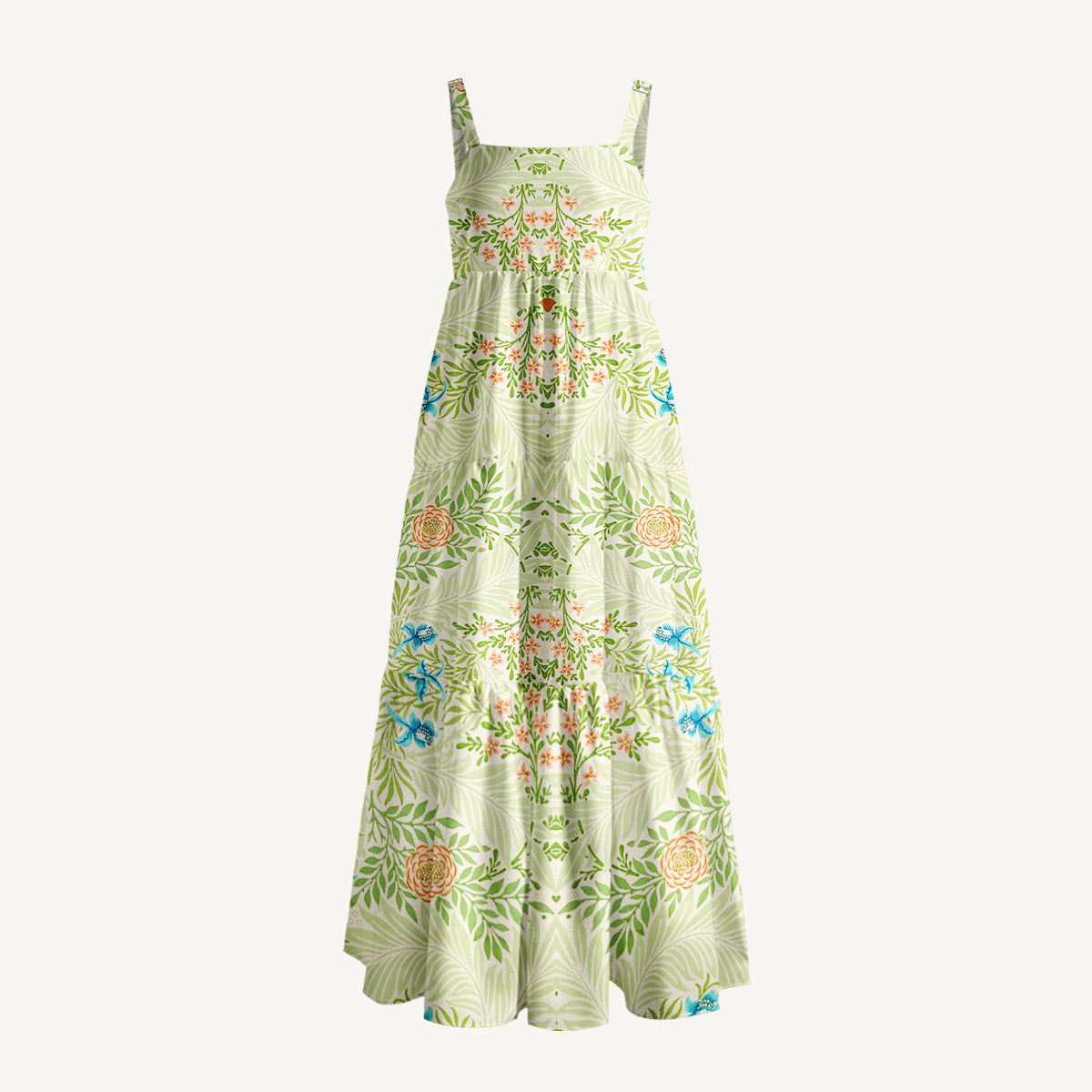 Green Foliage with Bluebirds & Peony Blossoms Print Wide Straps Maxi Dress With Pockets