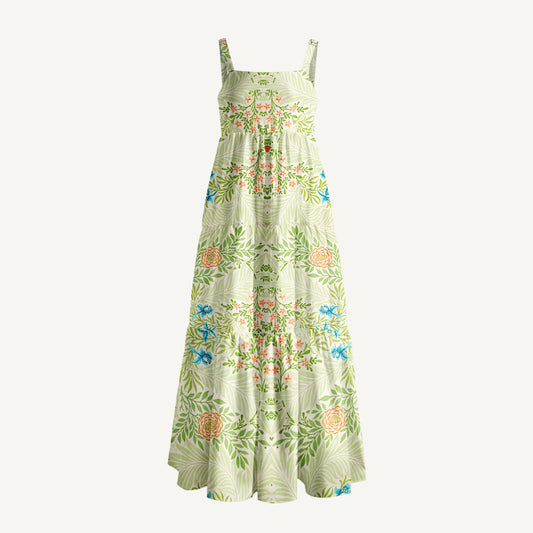 Green Foliage with Bluebirds & Peony Blossoms Print Wide Straps Maxi Dress With Pockets