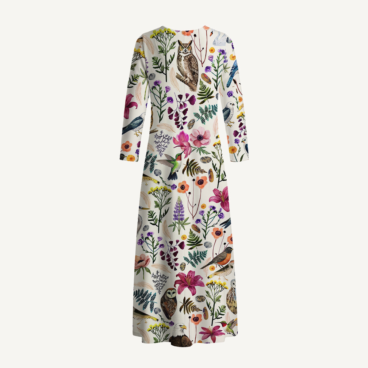 Whimsical Woodland Birds Wildflowers Print Soft-Touch Stretch Knit Long Sleeve Maxi Dress with Pockets