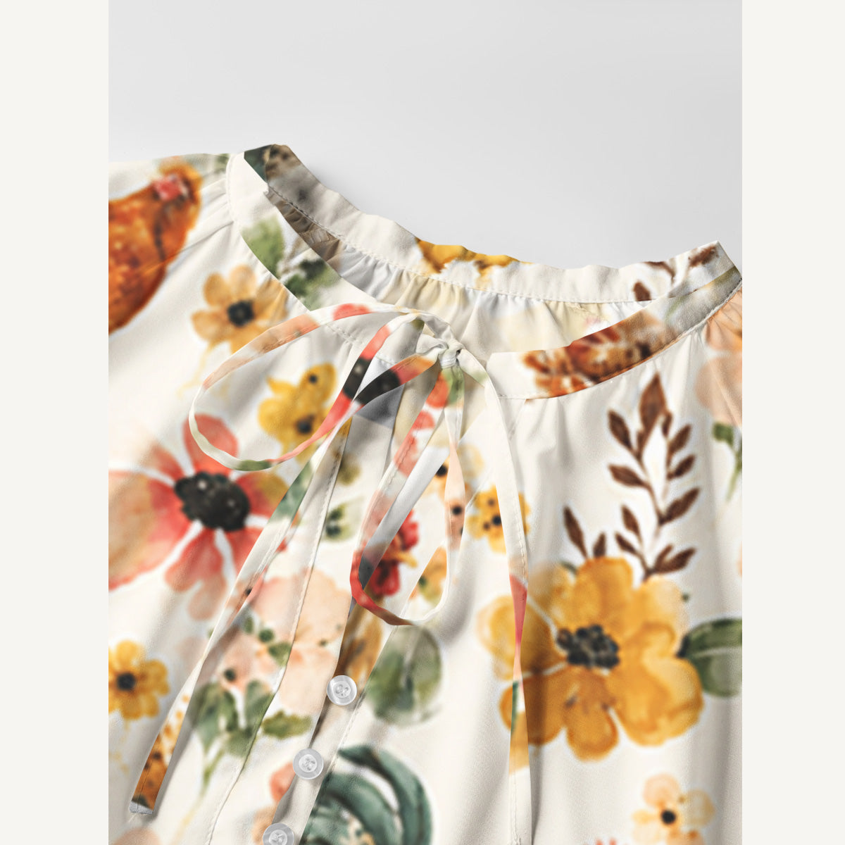 Watercolor Chicken Floral Print Boho Long Sleeve Tie‑Neck Smock Mini Dress