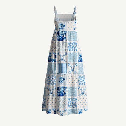 Delft Blue Floral Patchwork Print Cotton Wide Straps Maxi Dress With Pockets