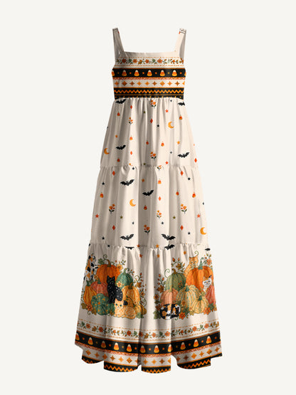 Pumpkin Patch Cats Print Wide Straps Maxi Dress With Pockets