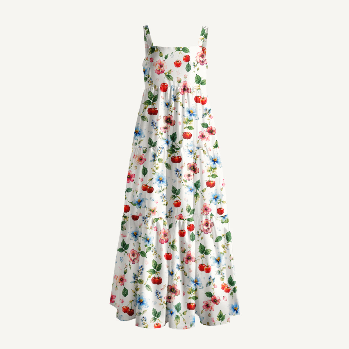 Cherry & Floral Print Wide Straps Maxi Dress With Pockets