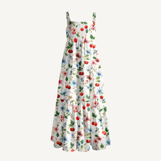 Cherry & Floral Print Wide Straps Maxi Dress With Pockets